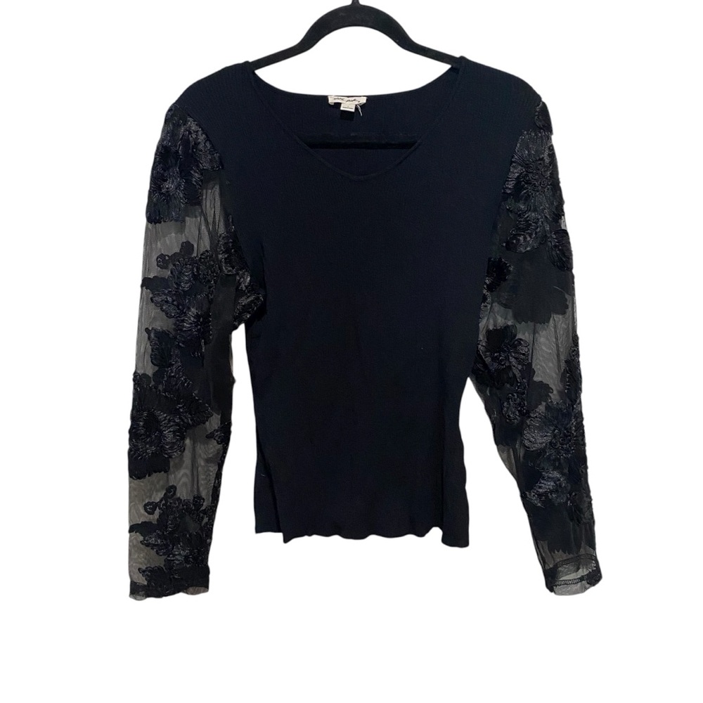 Ultra Pink Women's Black Floral Lace Long‎ Sleeve Round Neck Top Size L